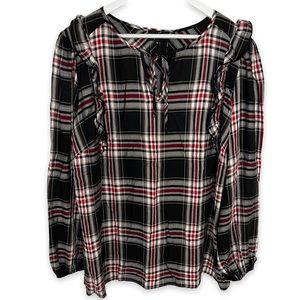 NEW Fenomenon Gypsy Frill Ruffle Trim Long Sleeve Black Red Plaid Top Plus Sz 1X